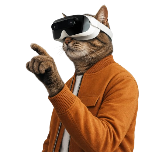 Cat wearing VR headset pointing